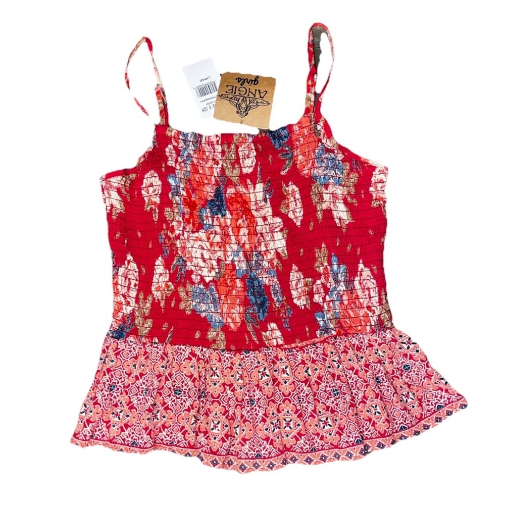 Angie Girls Smocked Tight Tank Top Spaghetti Strap Ruffle Red NWT Large